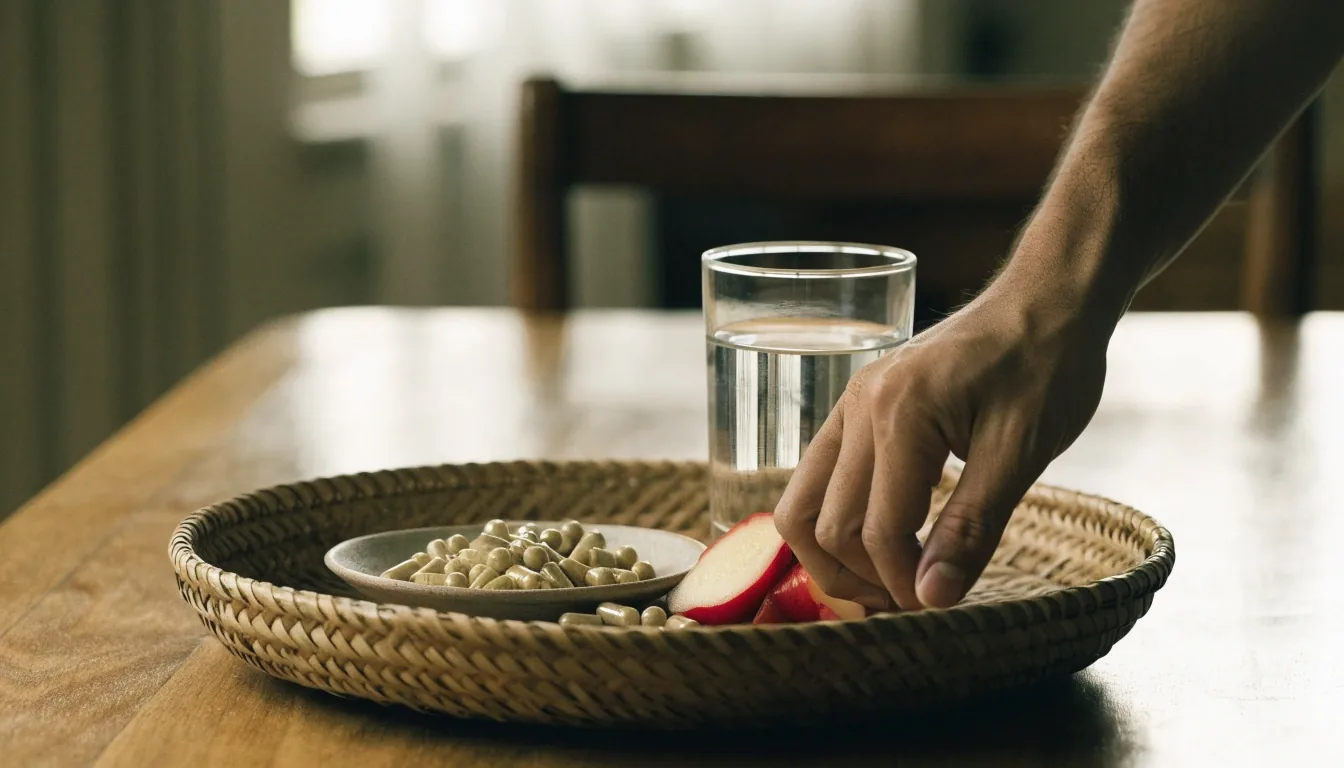 A glass of water and an open capsule bottle on a wooden bench in Malang at flat morning light