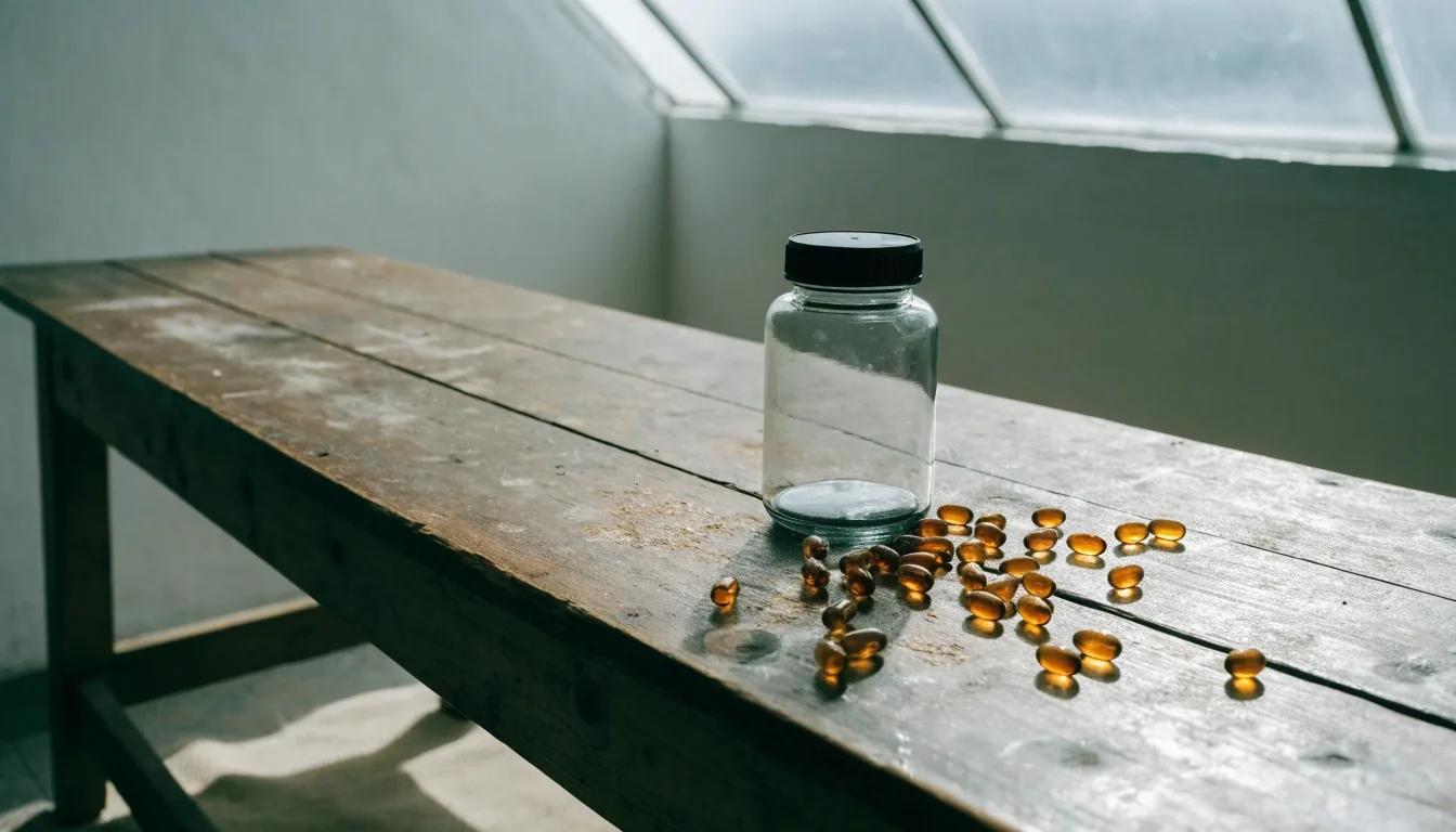 A blank multivitamin bottle and loose capsules on a wooden workbench in a Malang workshop