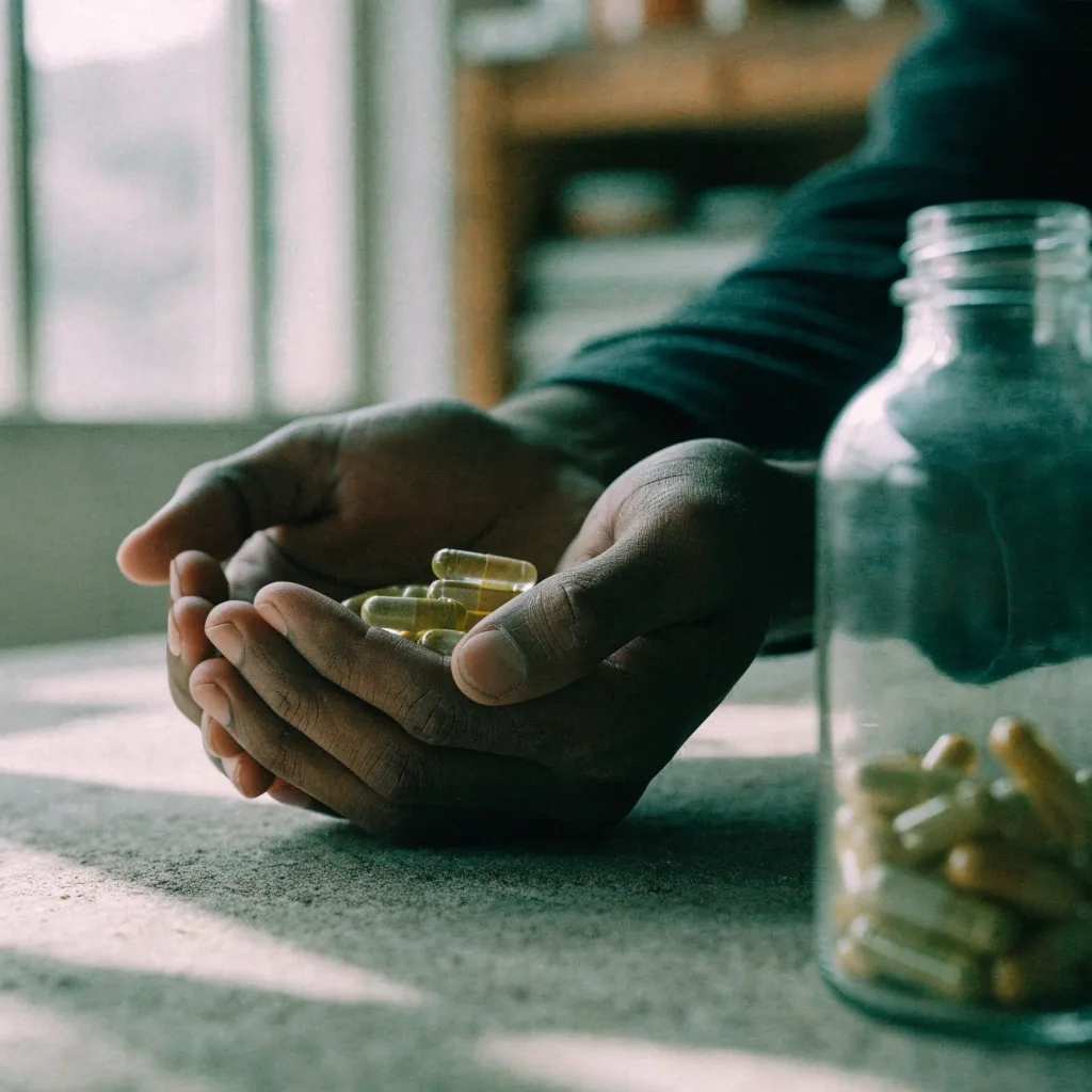 Loose multivitamin capsules spilling from a glass bottle onto a wooden workbench