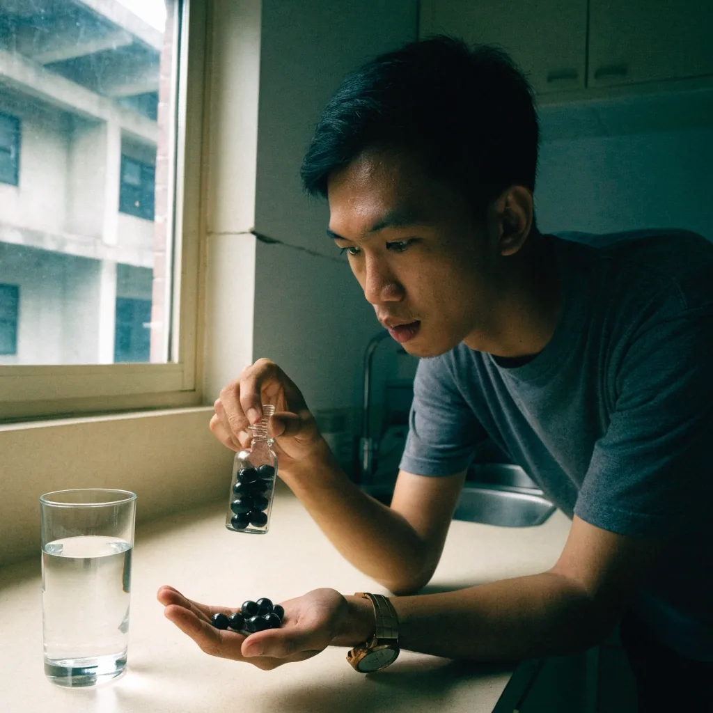 A glass of water on a wooden bench beside an open unlabeled supplement bottle and two loose capsules