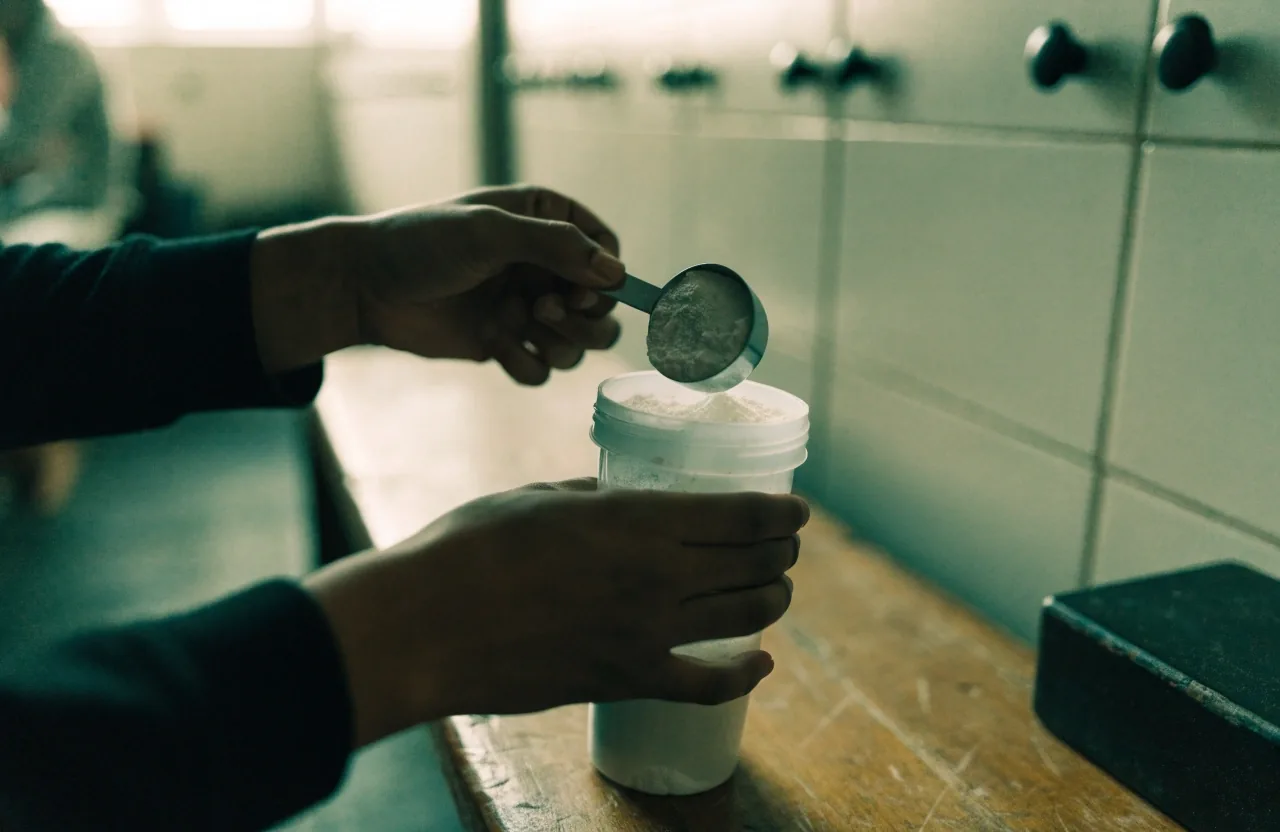 A water bottle, small scoop and shaker cup resting on a bench beside a tiled hall floor