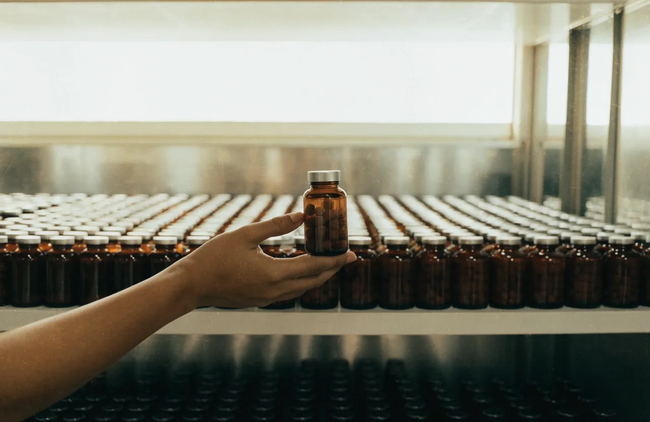 A hand lifting one unlabeled supplement bottle from a backlit pharmacy shelf while others stay in even rows