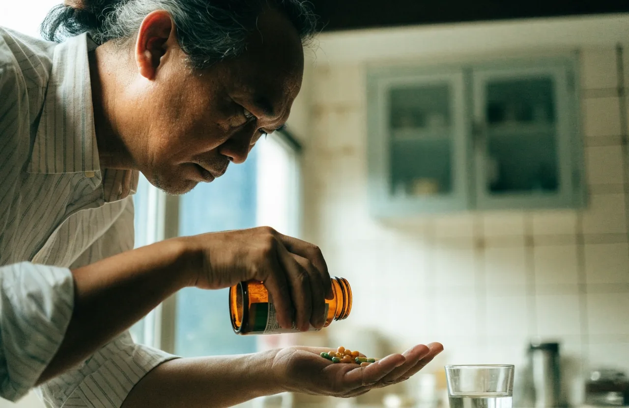An open amber jar of capsules beside a glass of water on a steel tray in a Malang kitchen