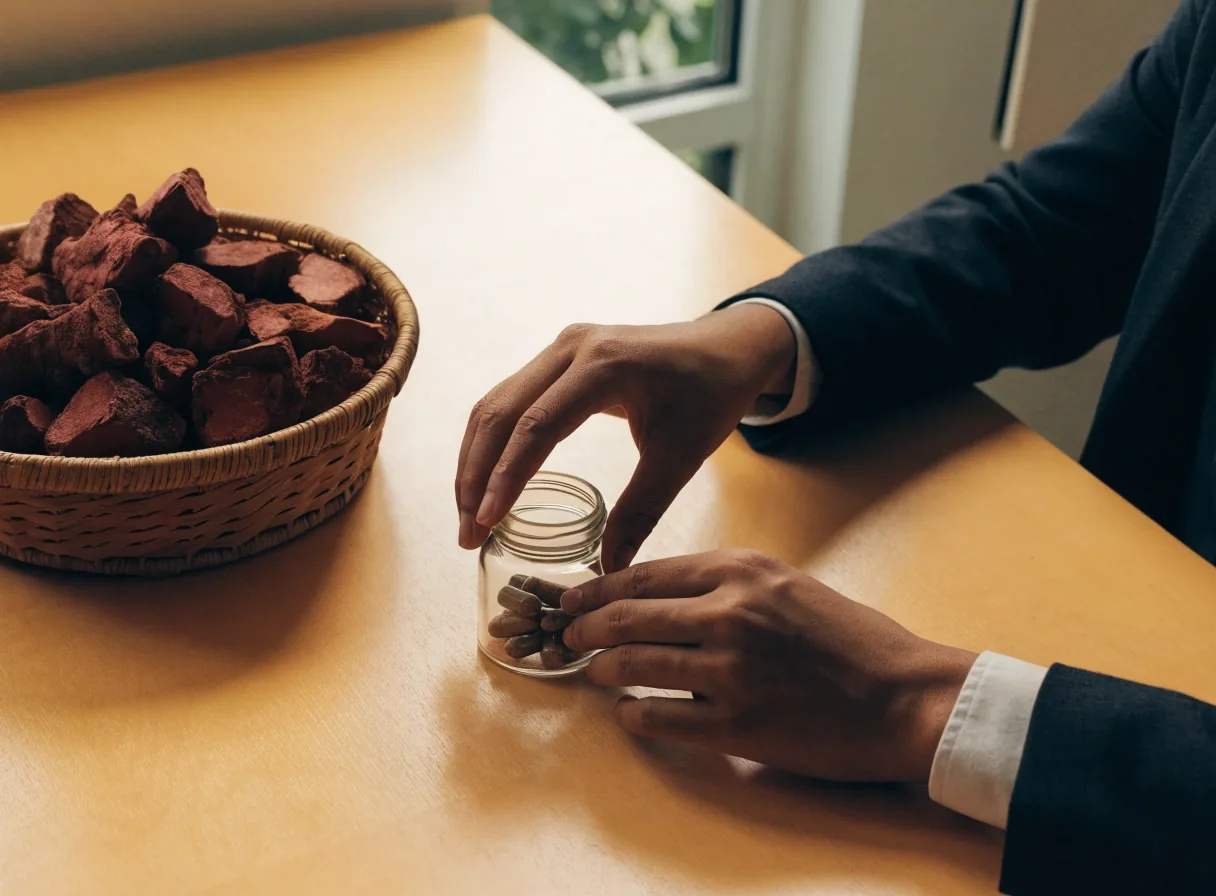 An open reference folder and a small glass jar of loose capsules on a pale wooden desk in the VitalitasIndo office